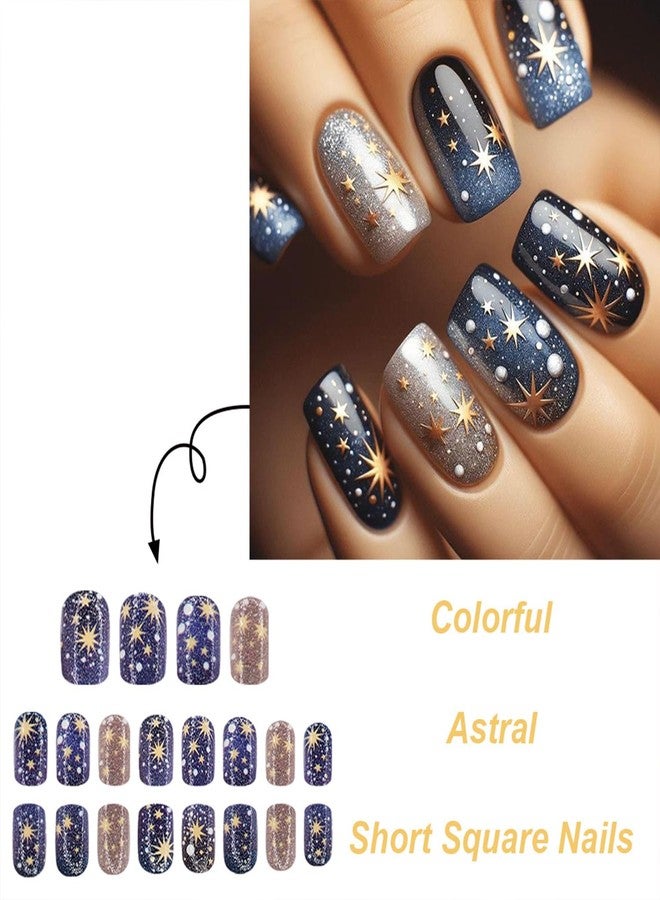 Vopintpy Starry Sky Press on Nails Short Square Fake Nails Gold Star Design Acrylic Nails Glossy Astral Glue on Nails for Women DIY Manicure - Image 2